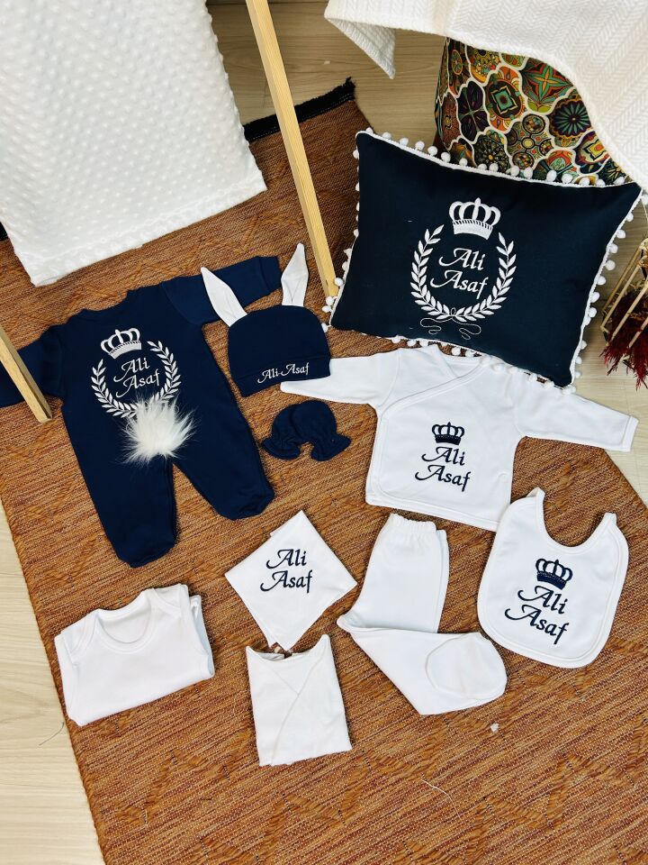 Nakışlı Beyaz Lacivert Hastane Çıkış Seti Yastıklı Ve Puset Örtüsü