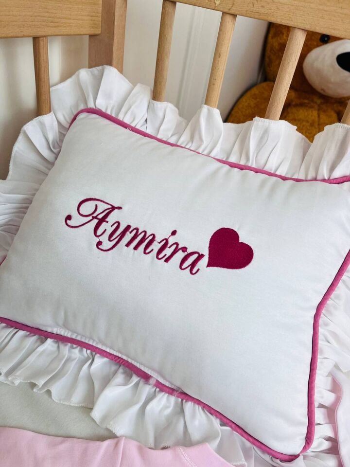 Nakışlı Beyaz Pembe Hastane Çıkış Seti Yastıklı Ve Puset Örtüsü