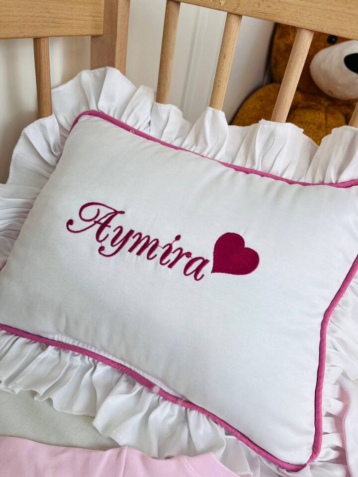 Nakışlı Beyaz Pembe Hastane Çıkış Seti Yastıklı Ve Puset Örtüsü