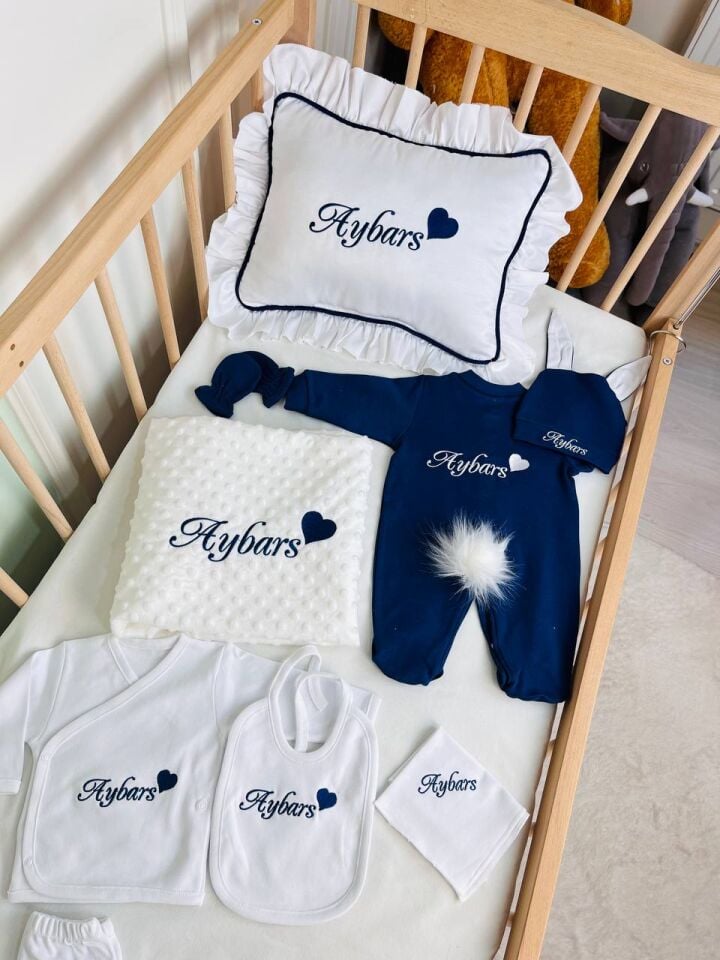 Nakışlı Beyaz Lacivert Hastane Çıkış Seti Yastıklı Ve Puset Örtüsü