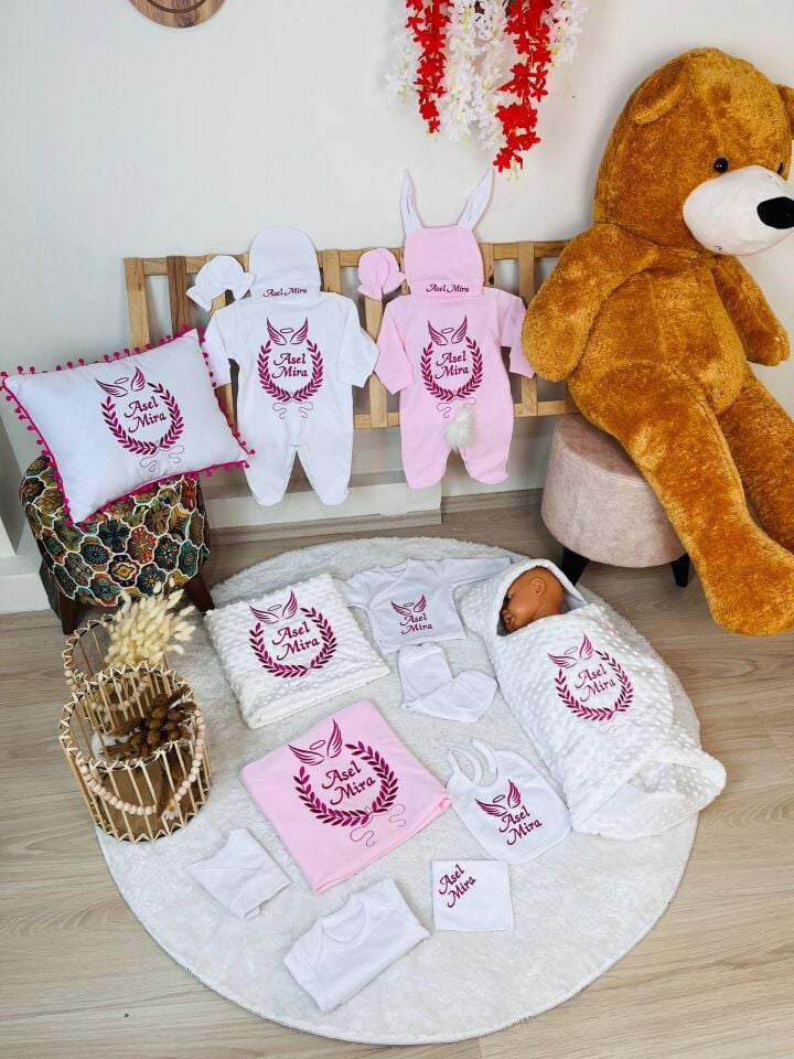 Nakışlı Pembe Beyaz Desenli 16 Parça Hastane Çıkış Seti