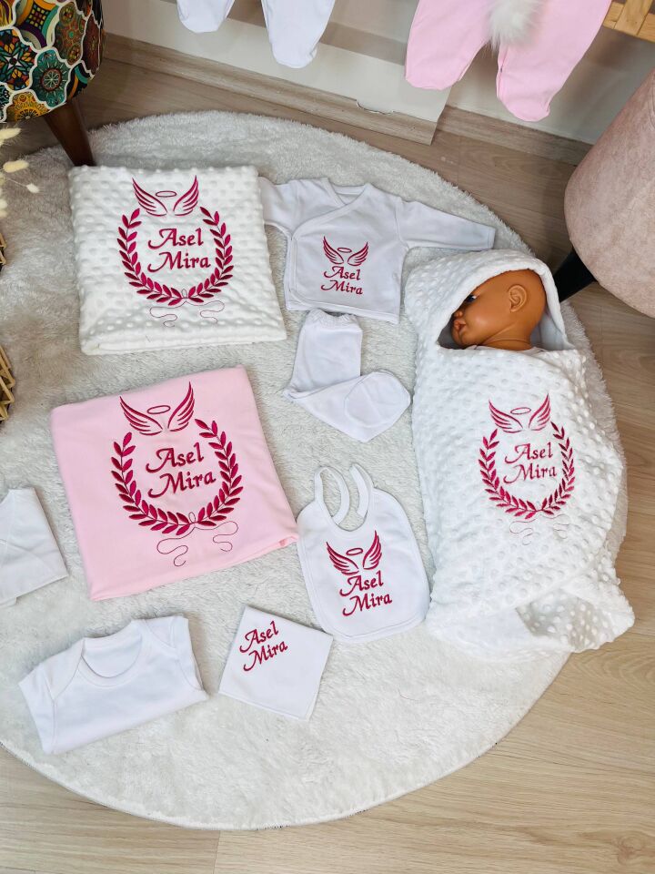 Nakışlı Pembe Beyaz Desenli 16 Parça Hastane Çıkış Seti