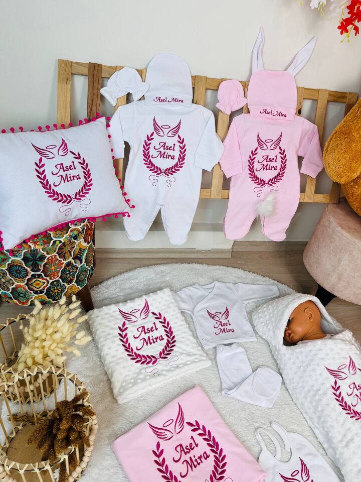 Nakışlı Pembe Beyaz Desenli 16 Parça Hastane Çıkış Seti