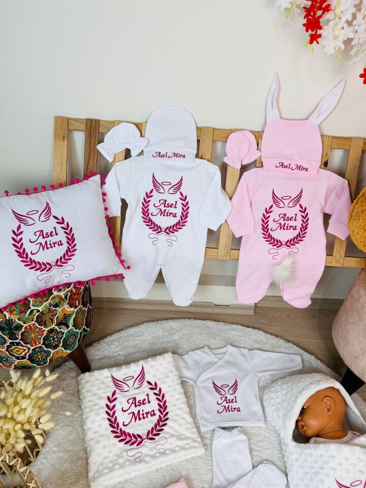 Nakışlı Pembe Beyaz Desenli 16 Parça Hastane Çıkış Seti