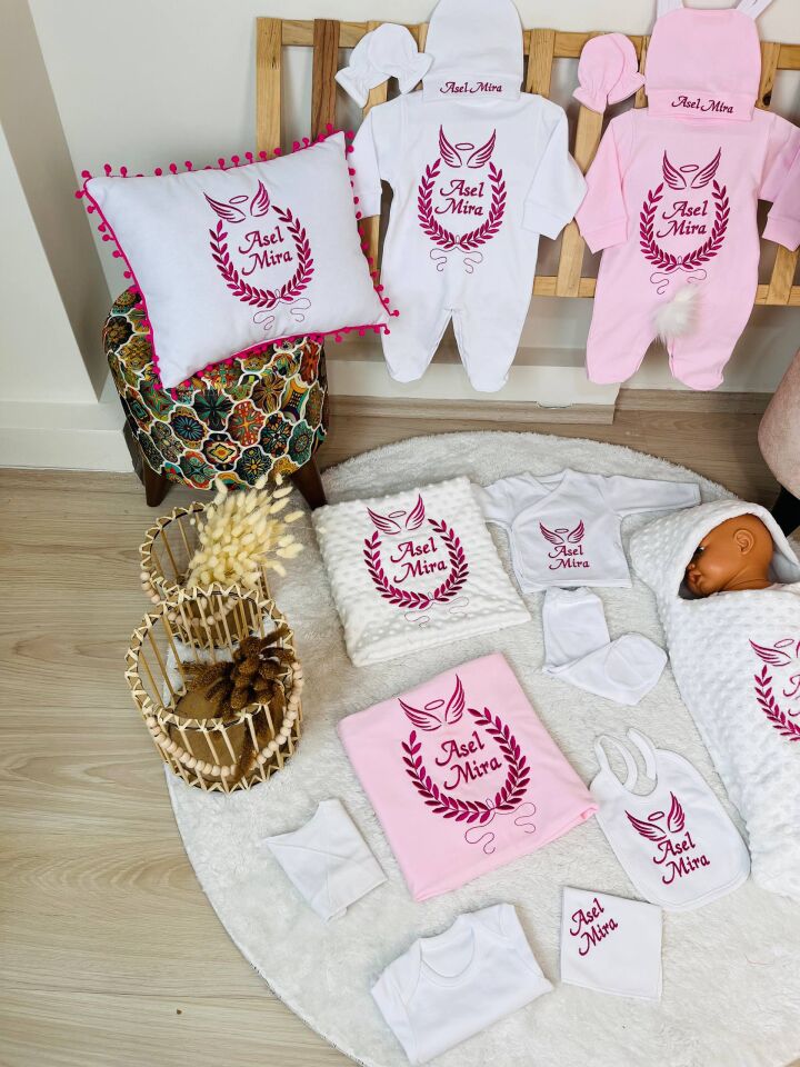 Nakışlı Pembe Beyaz Desenli 16 Parça Hastane Çıkış Seti