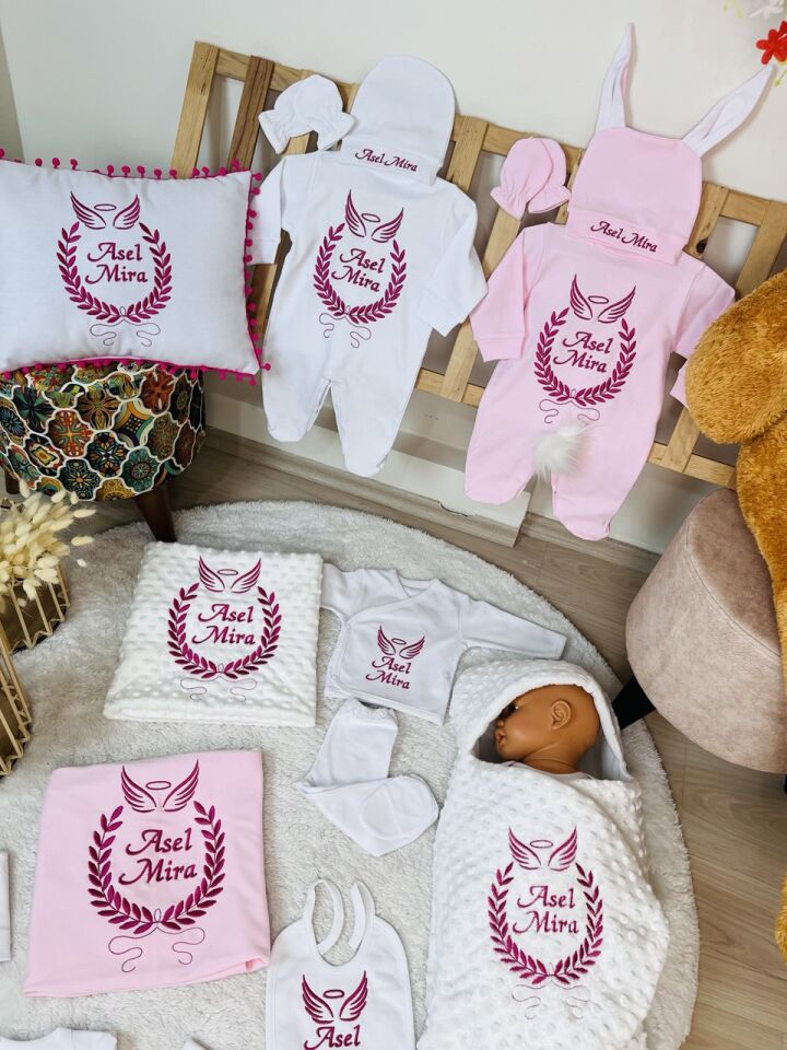 Nakışlı Pembe Beyaz Desenli 16 Parça Hastane Çıkış Seti