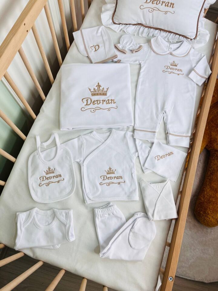 İsme Özel Taç Desen Nakışlı Hastane Çıkış Seti