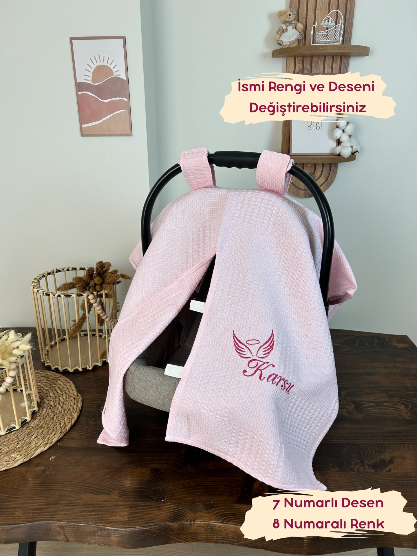 İsimli Puset Örtüsü Nakış İşlemeli %100 Pamuk Çok Amaçlı Waffle Pike Kumaş