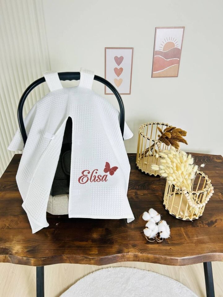 İsimli Puset Örtüsü Nakış İşlemeli %100 Pamuk Çok Amaçlı Waffle Pike Kumaş