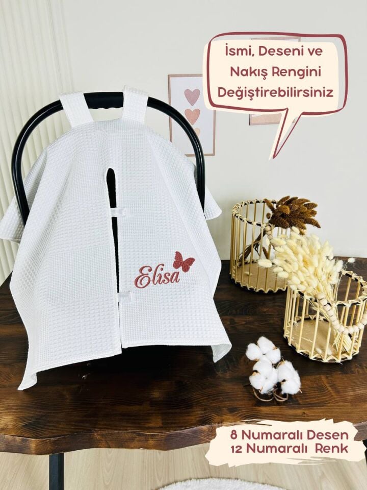 İsimli Puset Örtüsü Nakış İşlemeli %100 Pamuk Çok Amaçlı Waffle Pike Kumaş