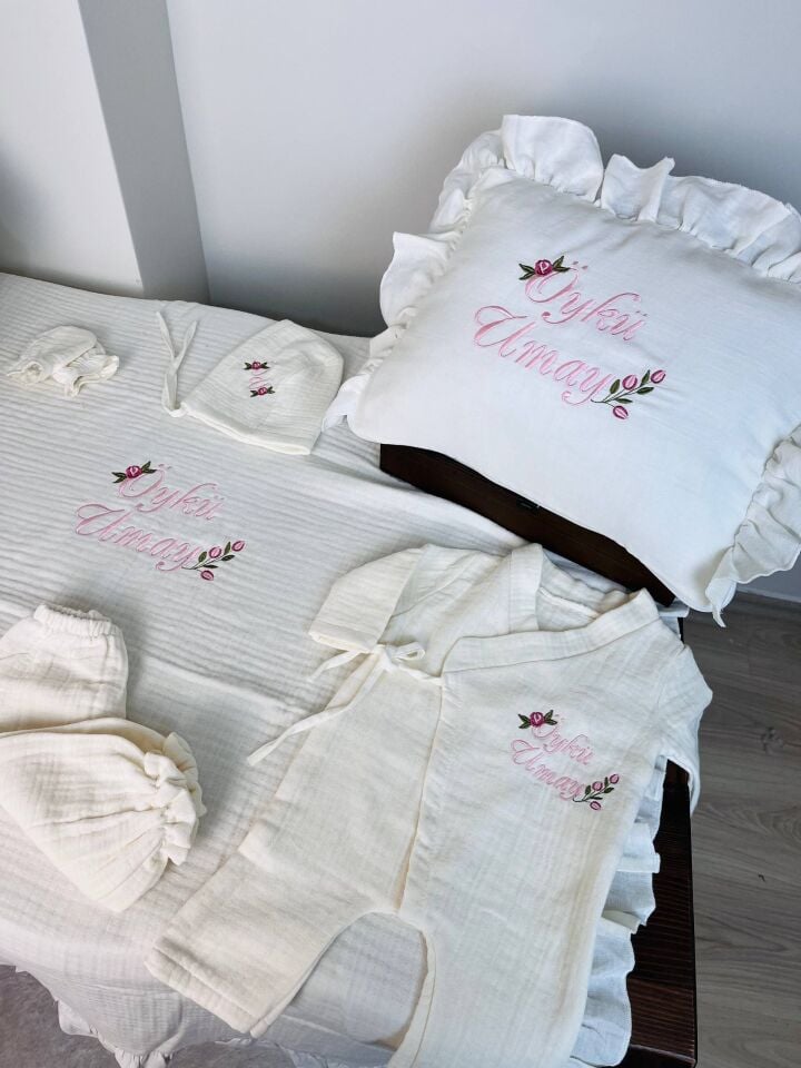 İsme Özel Nakış İşlemeli 4katlı Müslin Hastane Çıkışı