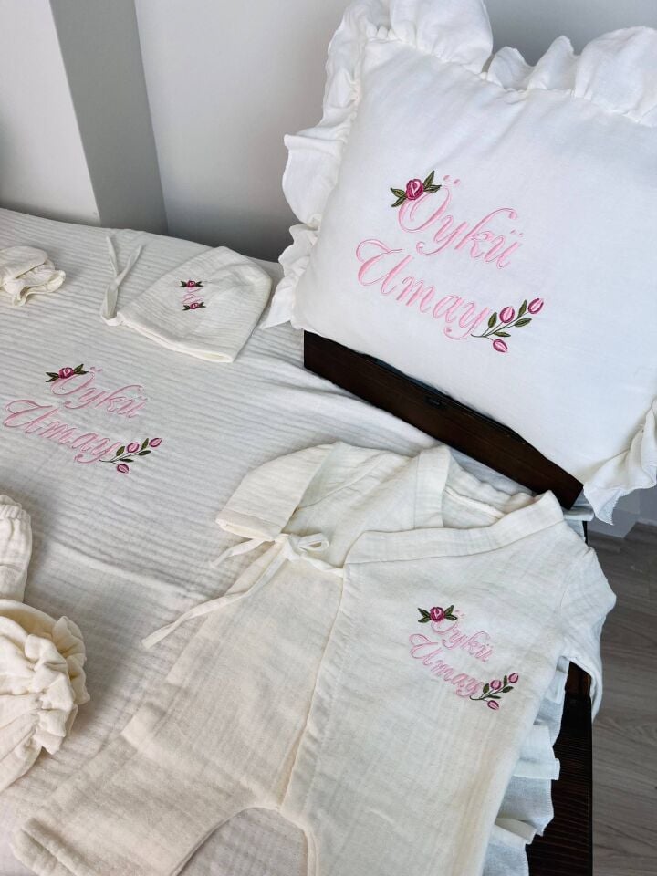 İsme Özel Nakış İşlemeli 4katlı Müslin Hastane Çıkışı