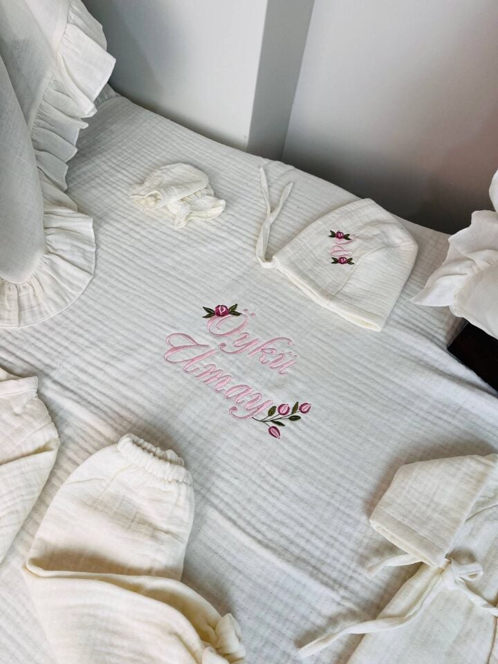 İsme Özel Nakış İşlemeli 4katlı Müslin Hastane Çıkışı