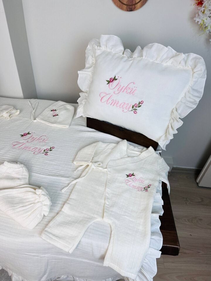 İsme Özel Nakış İşlemeli 4katlı Müslin Hastane Çıkışı