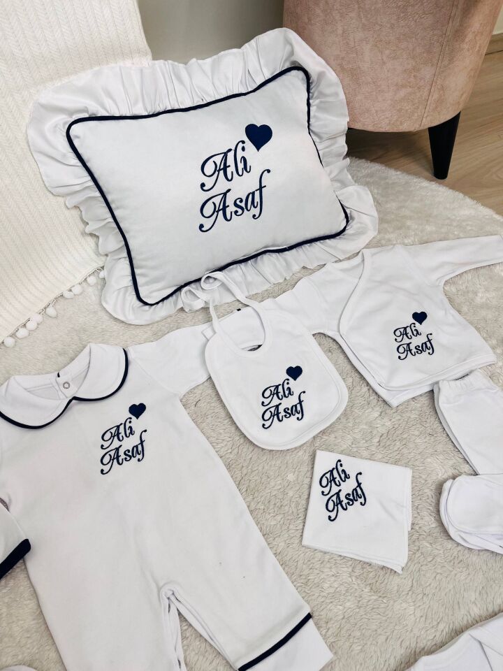İsme Özel Desen Nakışlı Hastane Çıkış Seti Ve Puset Örtüsü