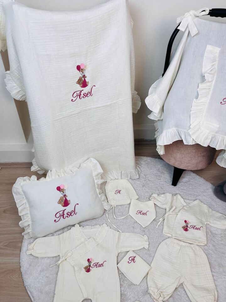 İsme Özel Nakış İşlemeli 4katlı Müslin Hastane Çıkışı