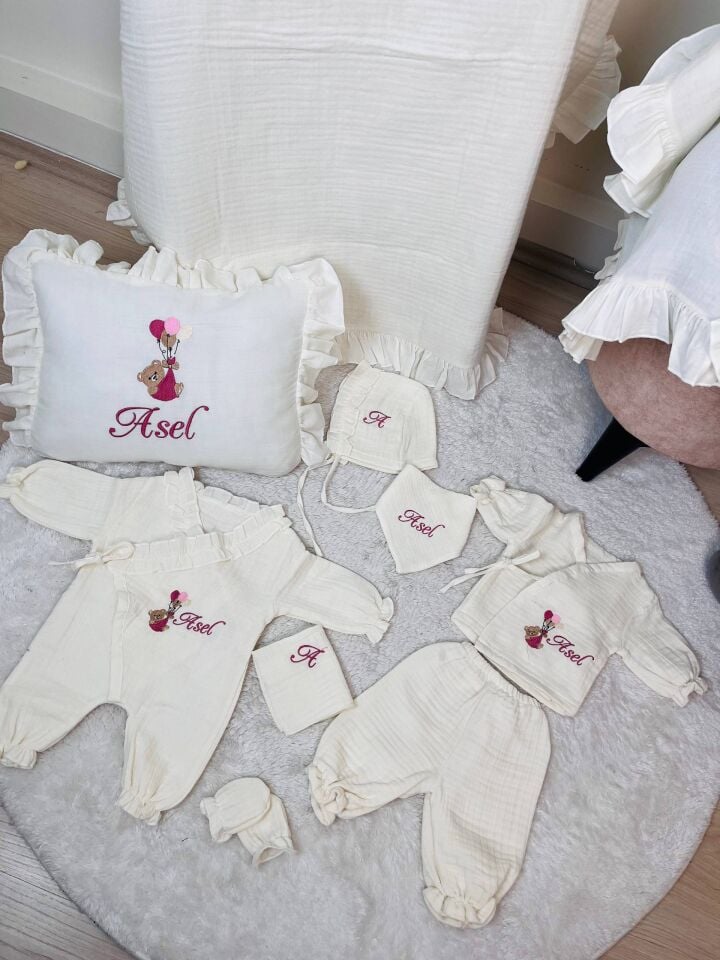 İsme Özel Nakış İşlemeli 4katlı Müslin Hastane Çıkışı