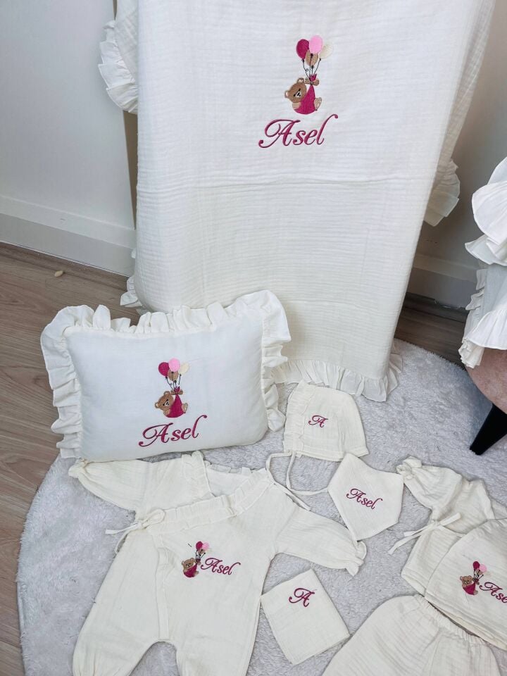 İsme Özel Nakış İşlemeli 4katlı Müslin Hastane Çıkışı