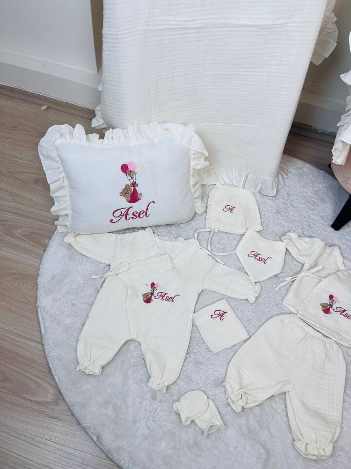 İsme Özel Nakış İşlemeli 4katlı Müslin Hastane Çıkışı