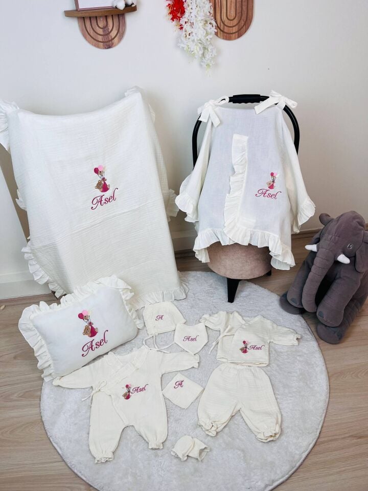 İsme Özel Nakış İşlemeli 4katlı Müslin Hastane Çıkışı