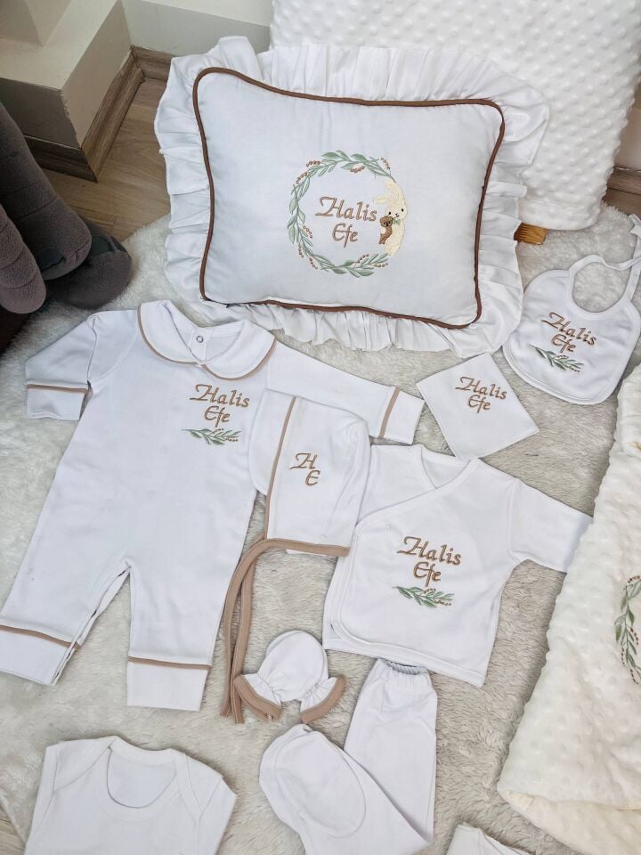 İsme Özel Desen Nakışlı Hastane Çıkış Seti Kundak Ve Puset Örtüsü