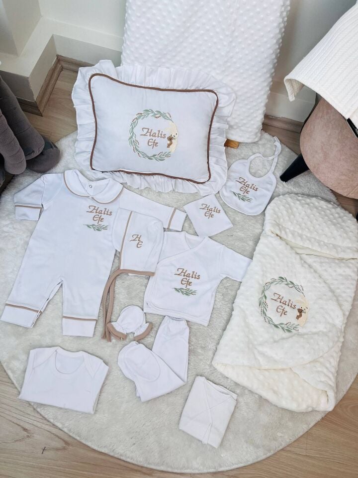 İsme Özel Desen Nakışlı Hastane Çıkış Seti Kundak Ve Puset Örtüsü