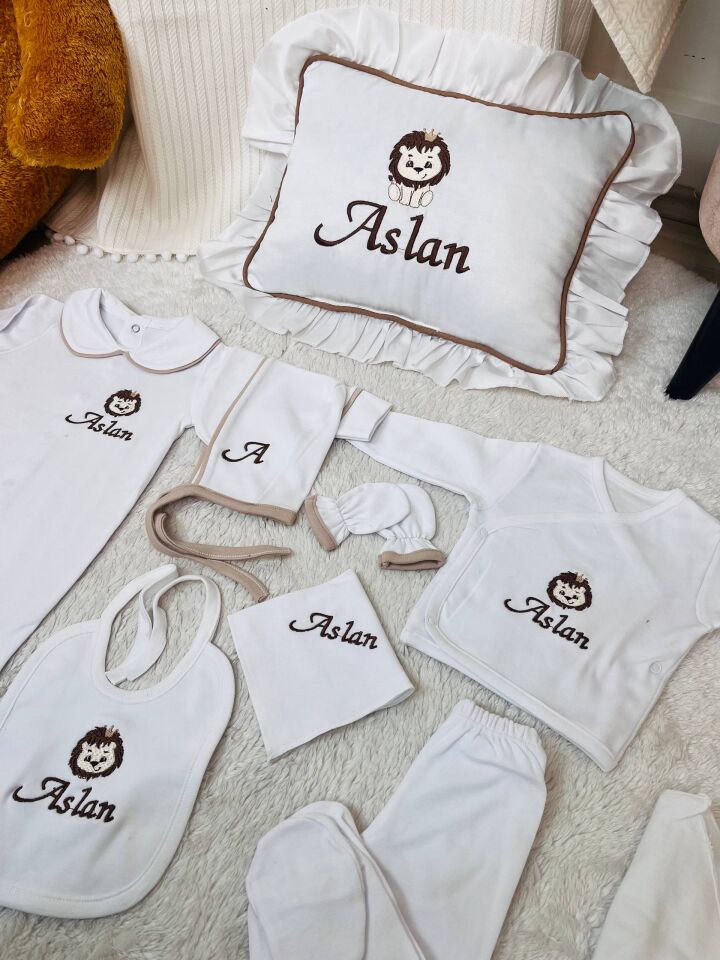 İsme Özel Desen Nakışlı Hastane Çıkış Seti Ve Puset Örtüsü