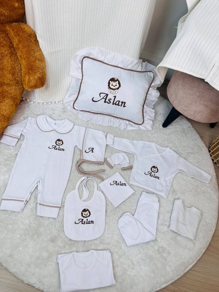 İsme Özel Desen Nakışlı Hastane Çıkış Seti Ve Puset Örtüsü