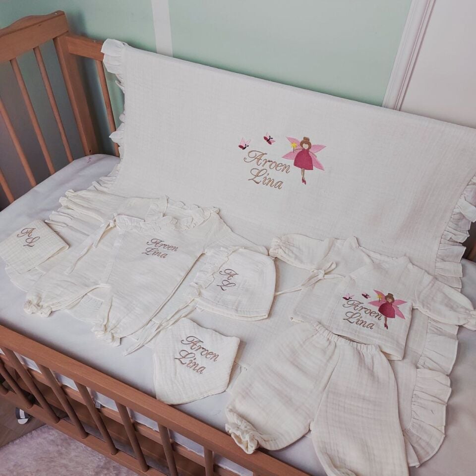 İsme Özel Nakış İşlemeli 4katlı Müslin Hastane Çıkışı