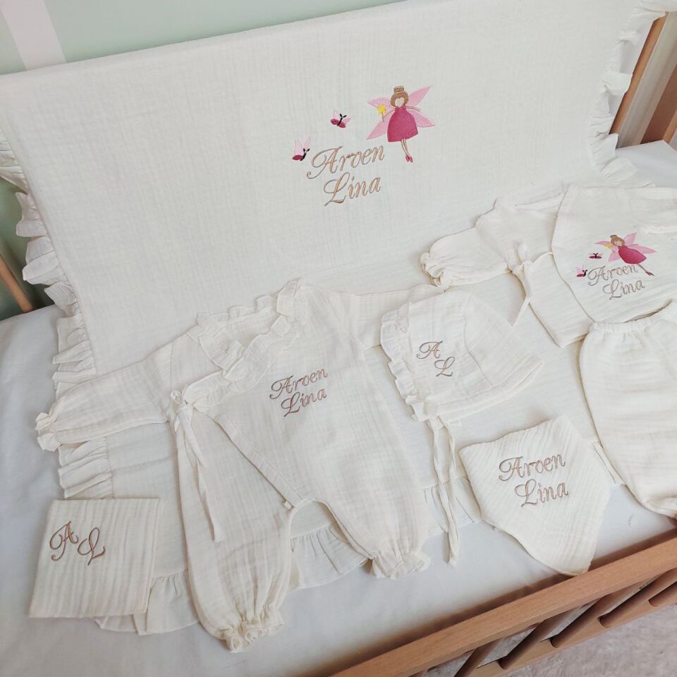 İsme Özel Nakış İşlemeli 4katlı Müslin Hastane Çıkışı