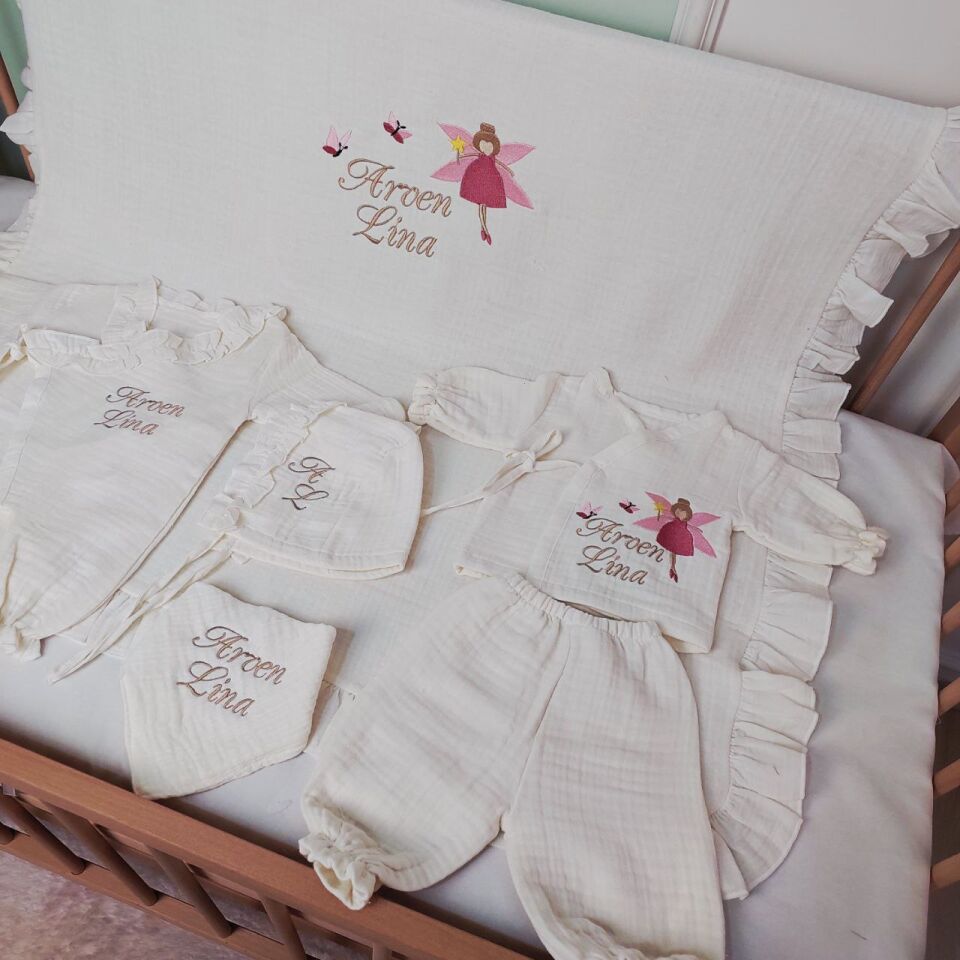 İsme Özel Nakış İşlemeli 4katlı Müslin Hastane Çıkışı