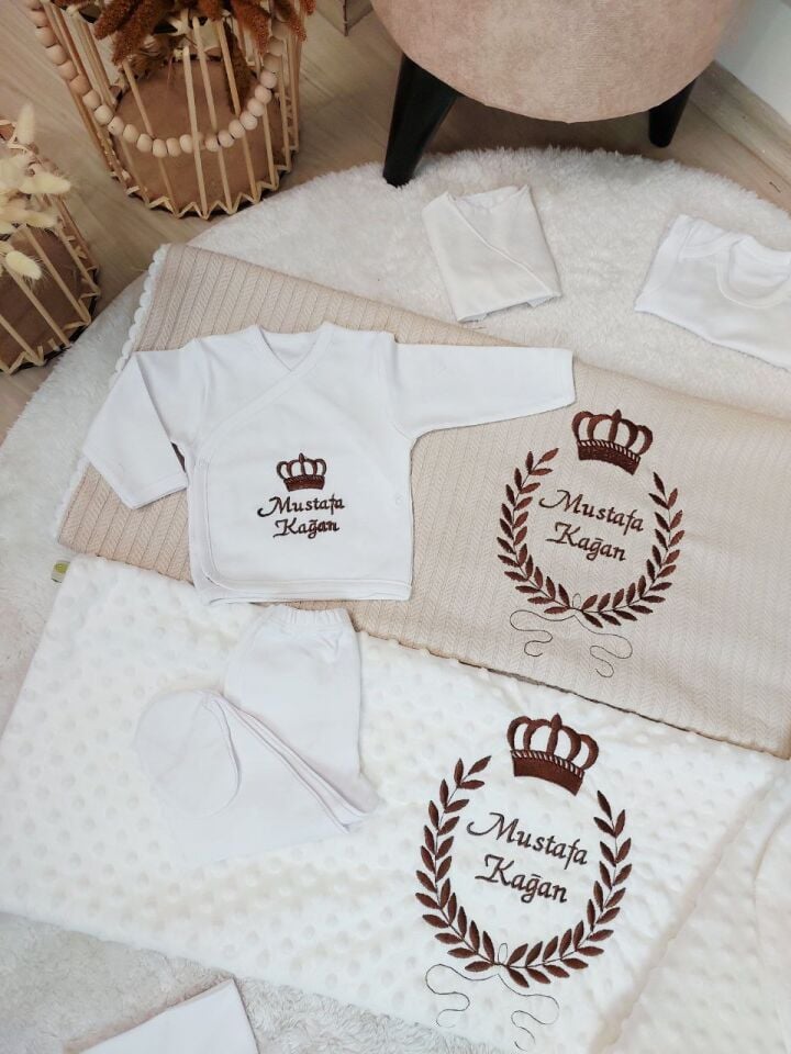 Nakışlı Beyaz Kahverengi Taçlı 16 Parça Hastane Çıkış Seti
