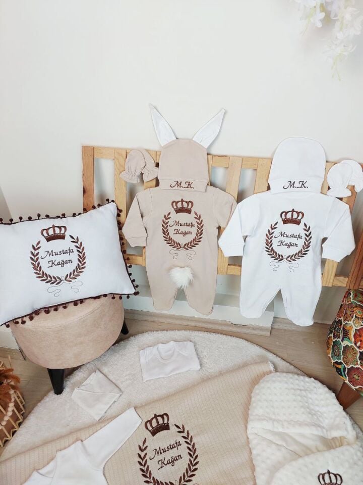 Nakışlı Beyaz Kahverengi Taçlı 16 Parça Hastane Çıkış Seti