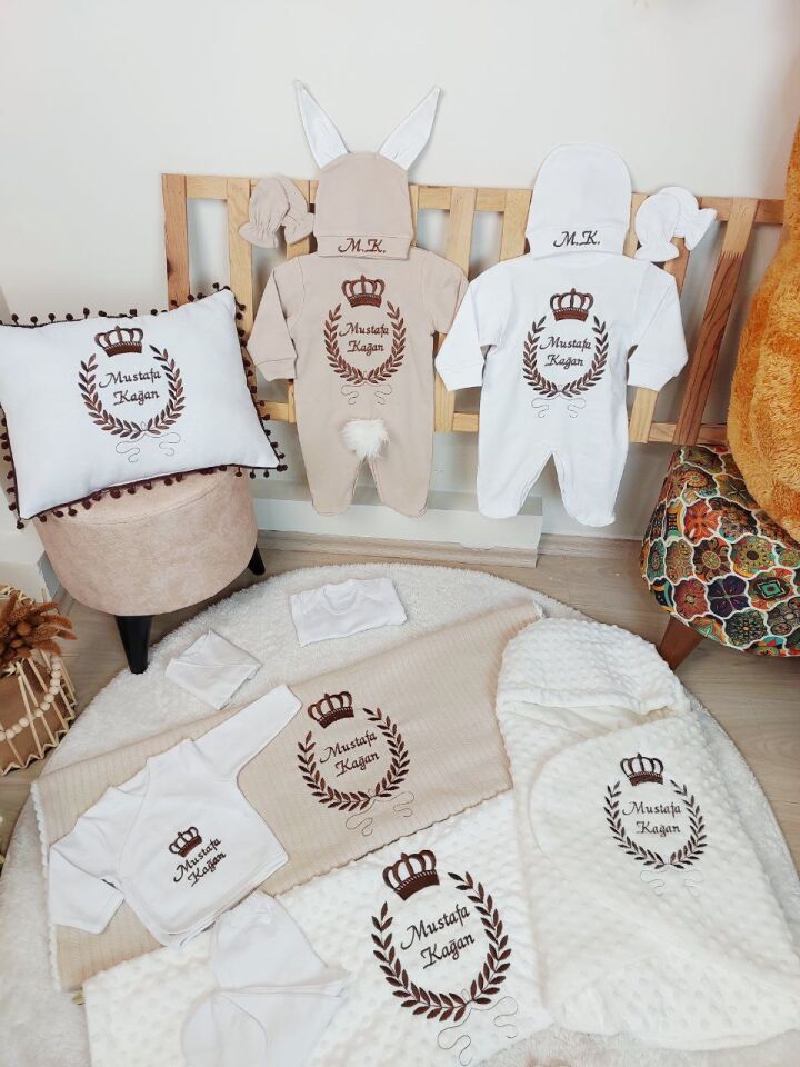 Nakışlı Beyaz Kahverengi Taçlı 16 Parça Hastane Çıkış Seti