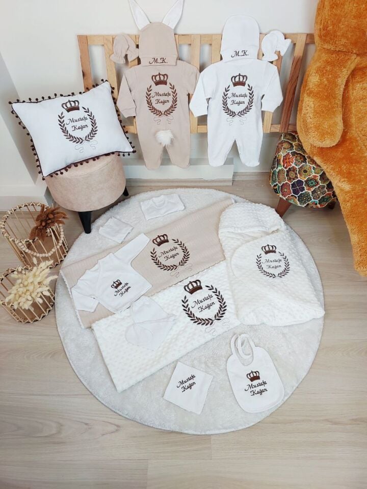Nakışlı Beyaz Kahverengi Taçlı 16 Parça Hastane Çıkış Seti