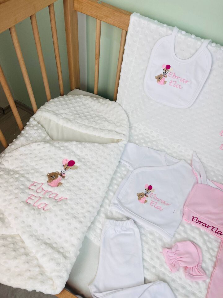 Avantajlı 12 Parça Pembe Ayıcıklı Nakışlı Set