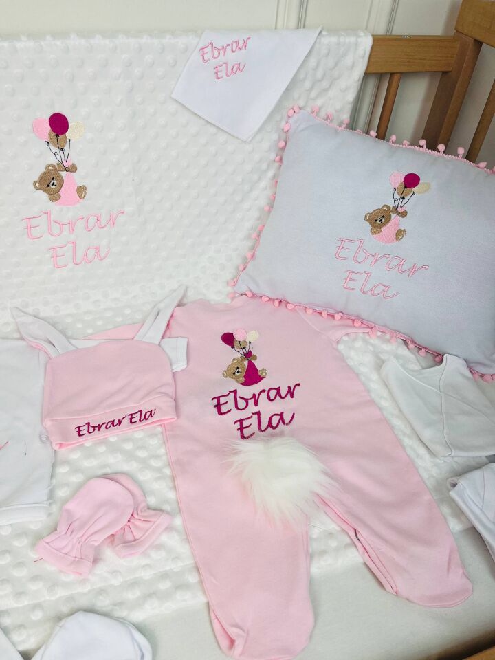 Avantajlı 12 Parça Pembe Ayıcıklı Nakışlı Set