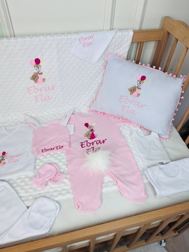 Avantajlı 12 Parça Pembe Ayıcıklı Nakışlı Set
