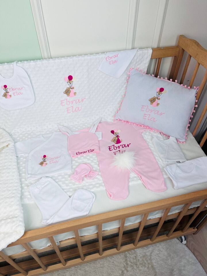 Avantajlı 12 Parça Pembe Ayıcıklı Nakışlı Set