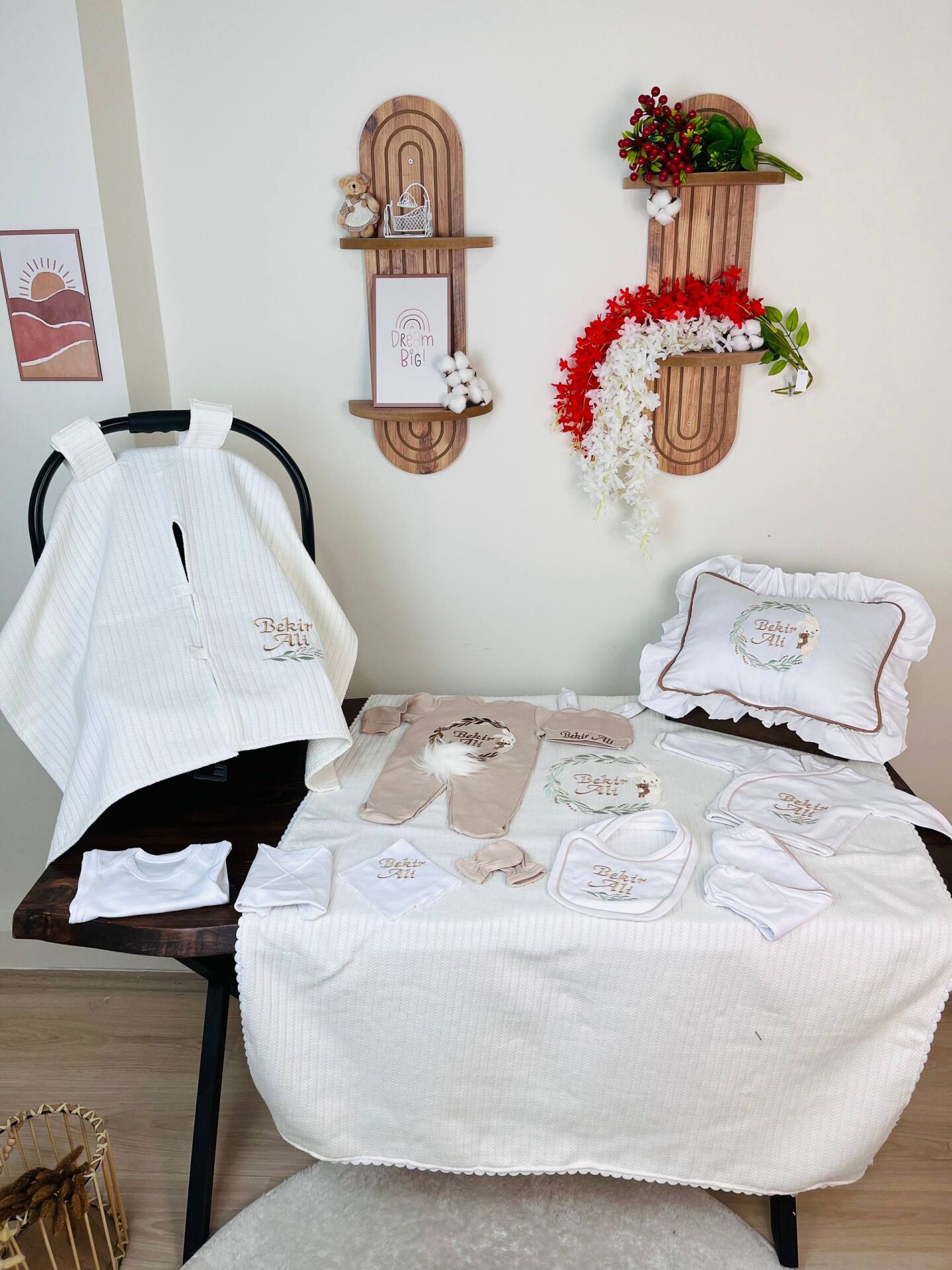 Nakışlı Hastane Çıkış Seti Yastıklı Ve Puset Örtüsü