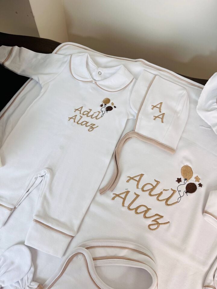 İsme Özel Desen Nakışlı Hastane Çıkış Seti Ve Puset Örtüsü