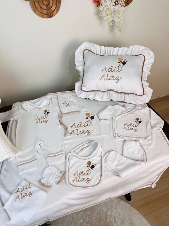 İsme Özel Desen Nakışlı Hastane Çıkış Seti Ve Puset Örtüsü