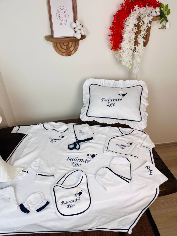 İsme Özel Tamamı Biyeli Hastane Çıkış Seti Ve Puset Örtüsü