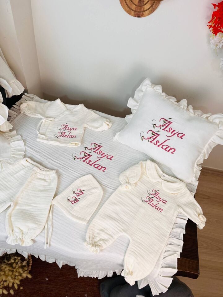 İsme Özel Nakış İşlemeli 4katlı Müslin Hastane Çıkışı