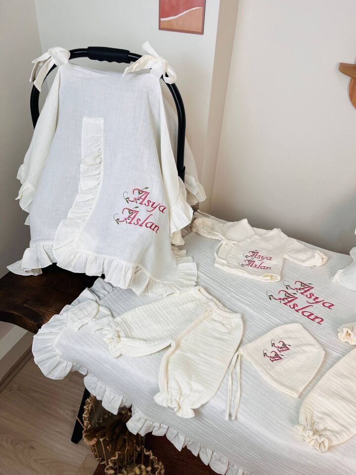 İsme Özel Nakış İşlemeli 4katlı Müslin Hastane Çıkışı