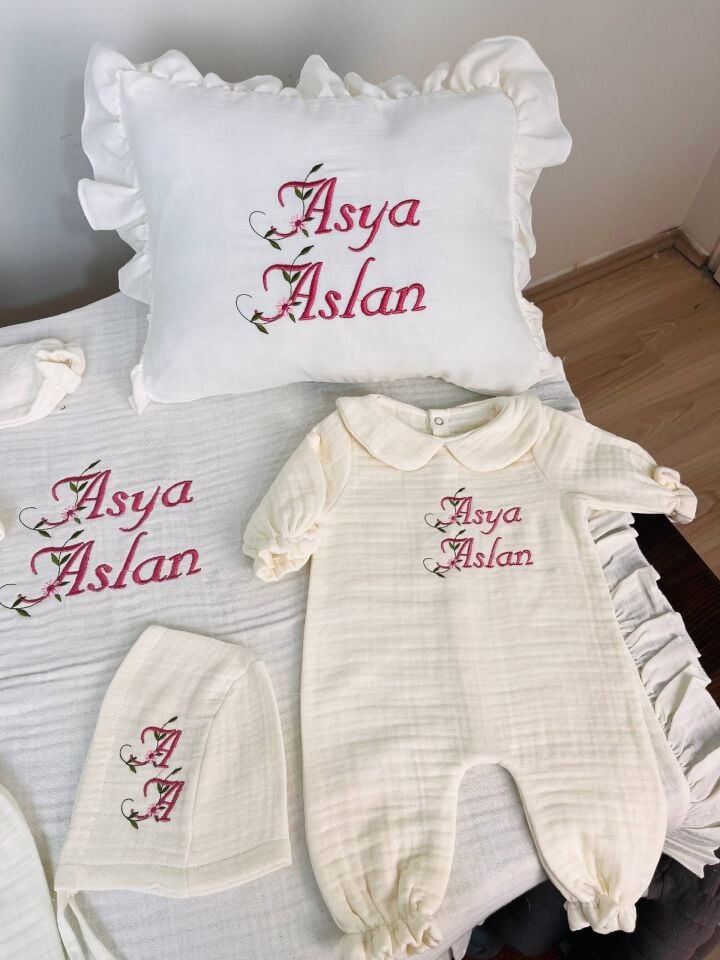 İsme Özel Nakış İşlemeli 4katlı Müslin Hastane Çıkışı