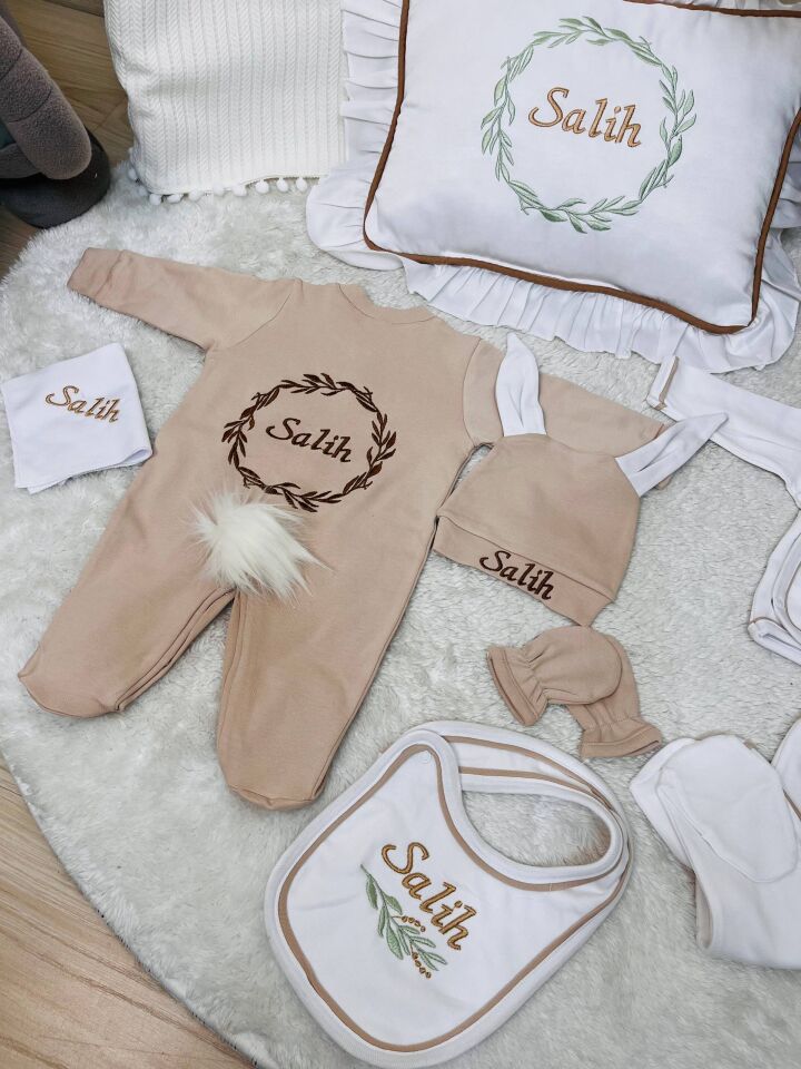 Nakışlı Hastane Çıkış Seti Yastıklı Ve Puset Örtüsü