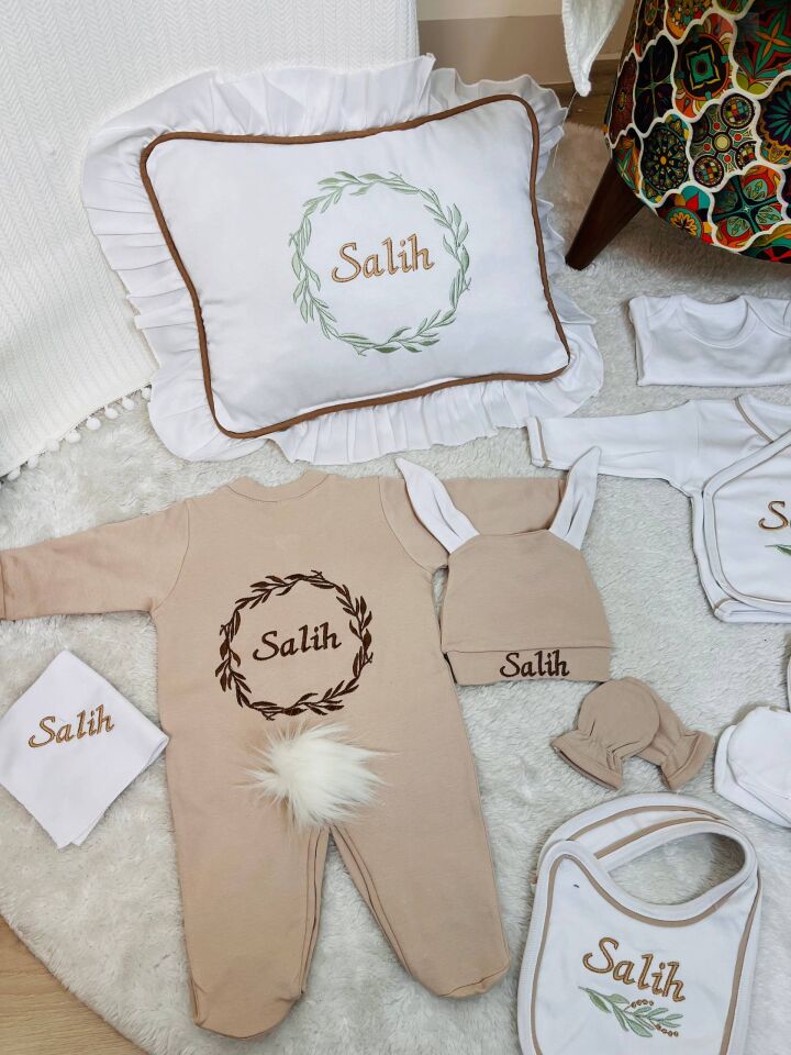 Nakışlı Hastane Çıkış Seti Yastıklı Ve Puset Örtüsü