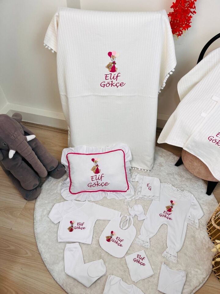 İsme Özel Desen Nakışlı Hastane Çıkış Seti Ve Puset Örtüsü