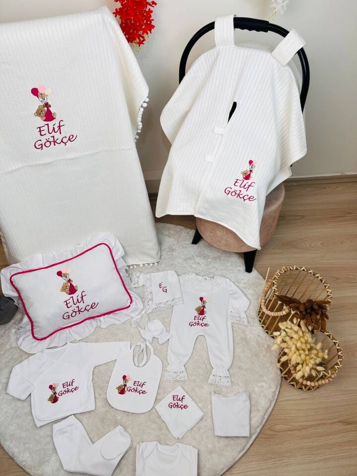 İsme Özel Desen Nakışlı Hastane Çıkış Seti Ve Puset Örtüsü